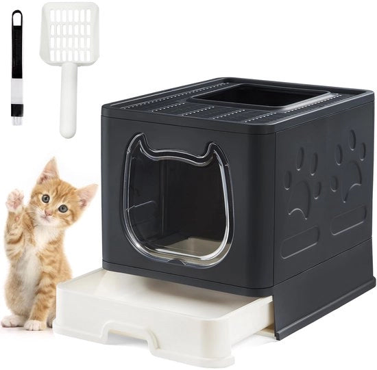 Cassetta per gatti opgiante, con coperchio superiore e copertura, cassetta per gatti con coperchio, cucchiaio e spazzola per pulizia 2 in 1 (nero)