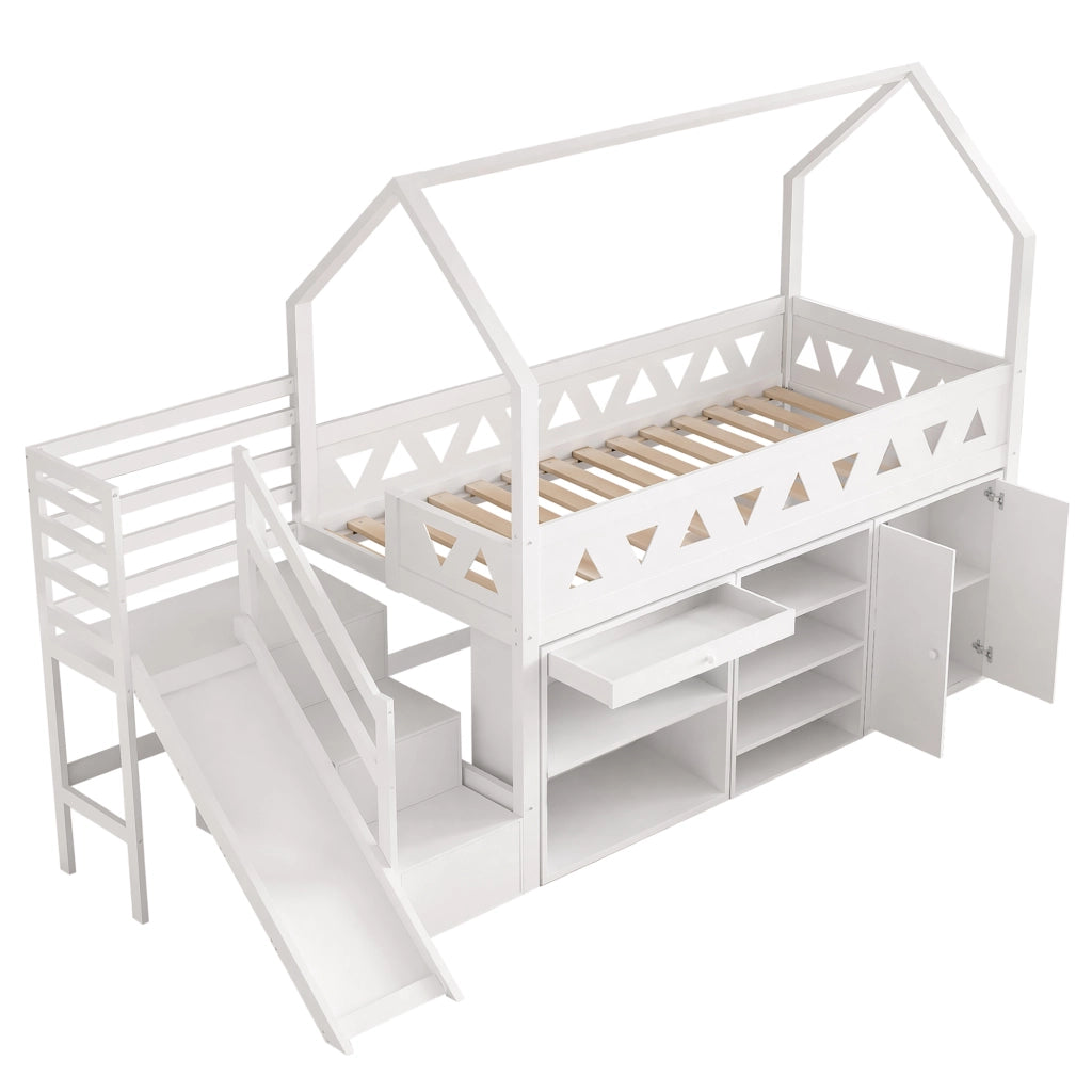 LETTO per bambini con scivolo e scale 90x200 cm Bianco in legno massello