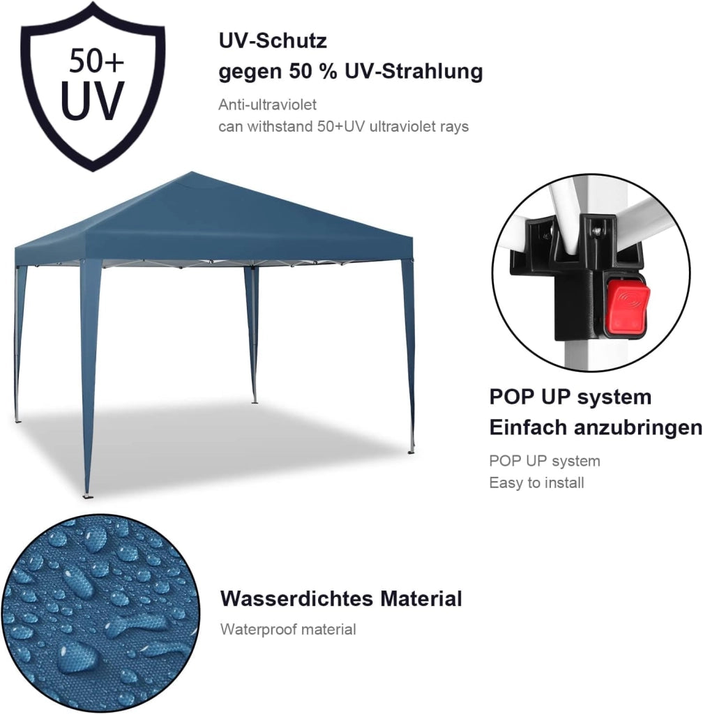 Gazebo da Giardino Richiudibile 3x3m Gazebo da Esterno in Ferro Regolabile in Altezza Tendone Pieghevole con Set di 4 Sacchi di Sabbia, Facile da Montare Blu