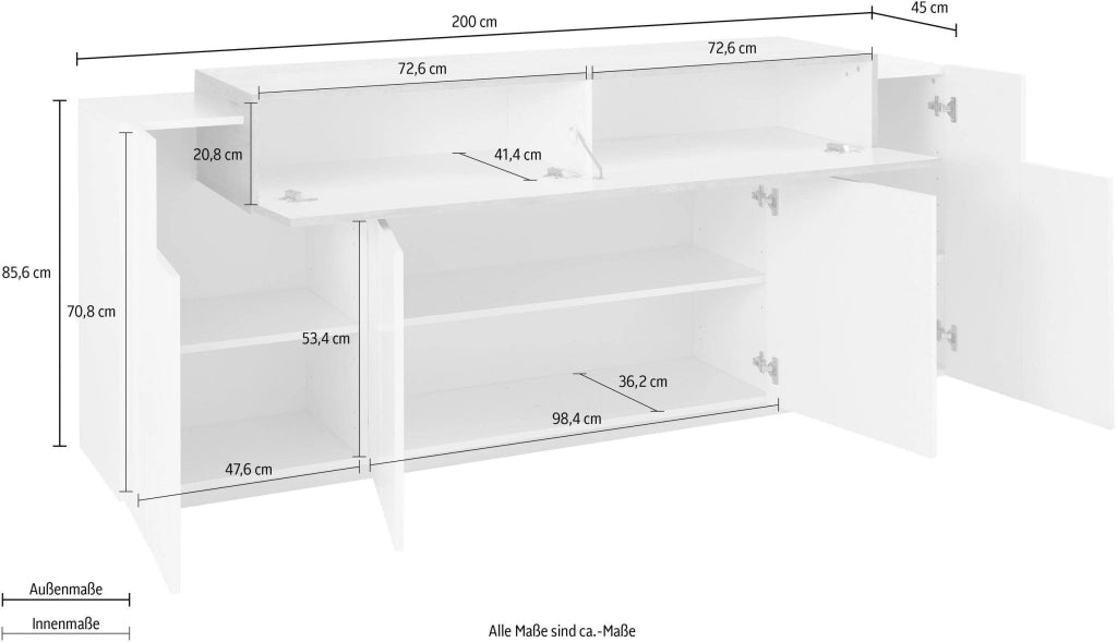 Credenza Moderna CORO: 4 Ante Battente e 1 Anta Ribalta Bianco Lucido - Cemento