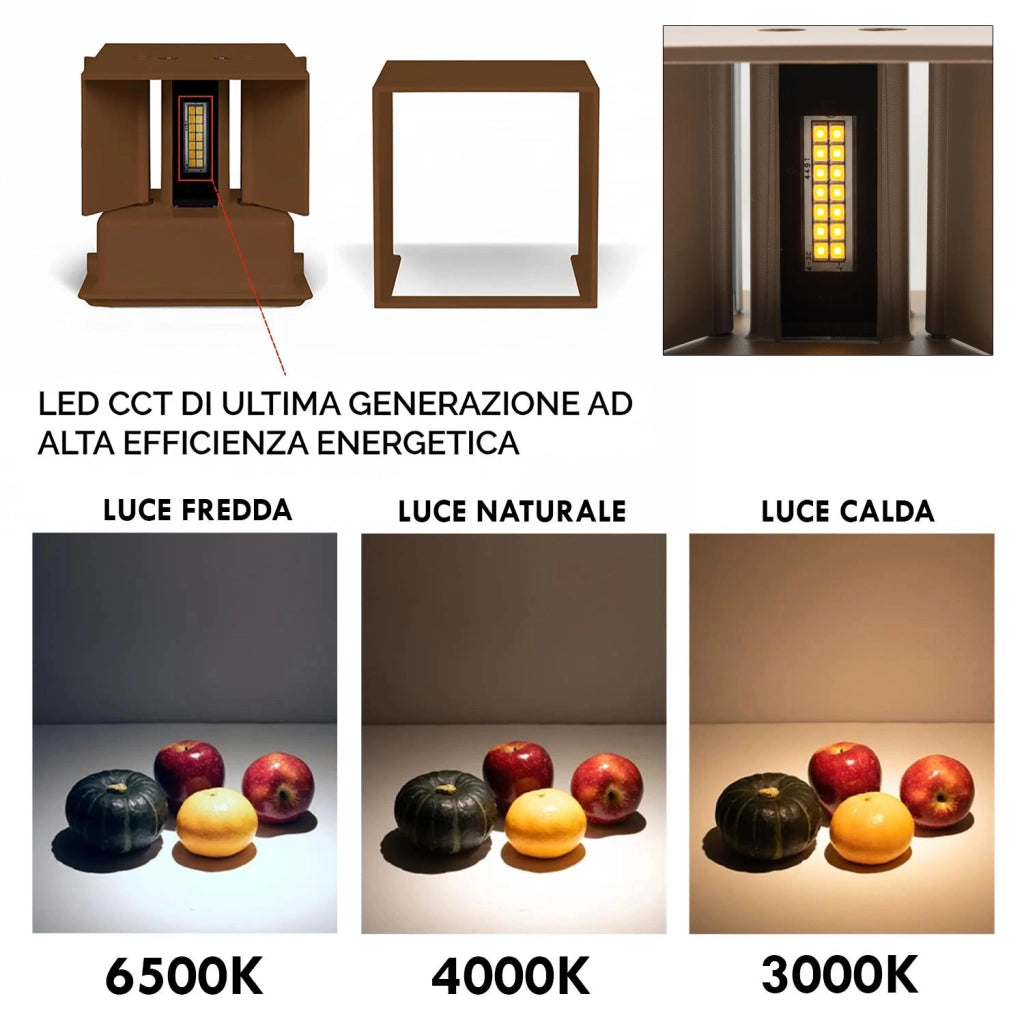 Applique LED cubo Marrone da Esterno 12W LED Lampada Parete IP65 Impermeabile fascio di Luce Regolabile LED CCT da 3000K a 6000K