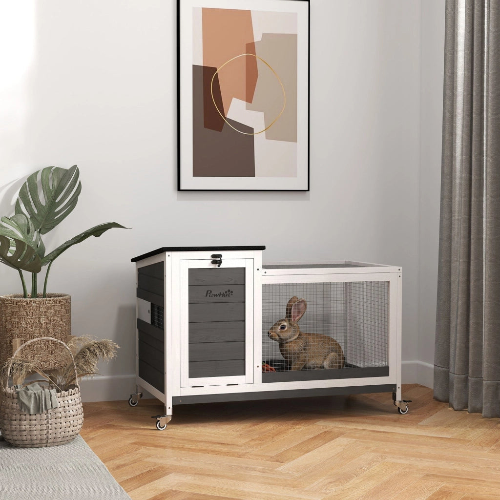 Conigliera 91x51x66 cm con Ruote in Legno di Abete Grigio Scuro e Bianco