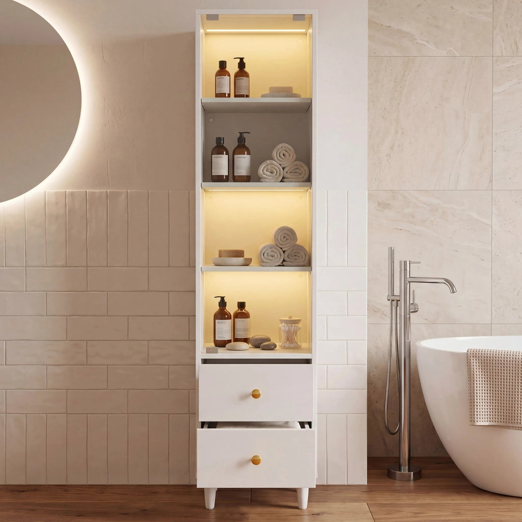 Vetrina, libreria, illuminazione a LED, ante in vetro, 2 cassetti, ripiani regolabili, bianco