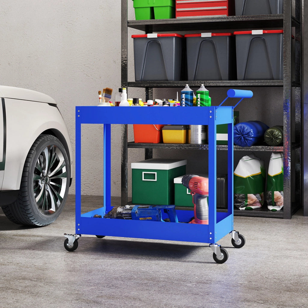 Carrello da lavoro a 2 livelli con maniglia laterale e ruote bloccabili ¨C zephmum ¨C 84.5x38x84cm blu