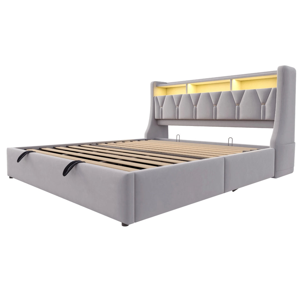 Letto contenitore imbottito 180x200 cm con LED, prese e testiera con vano