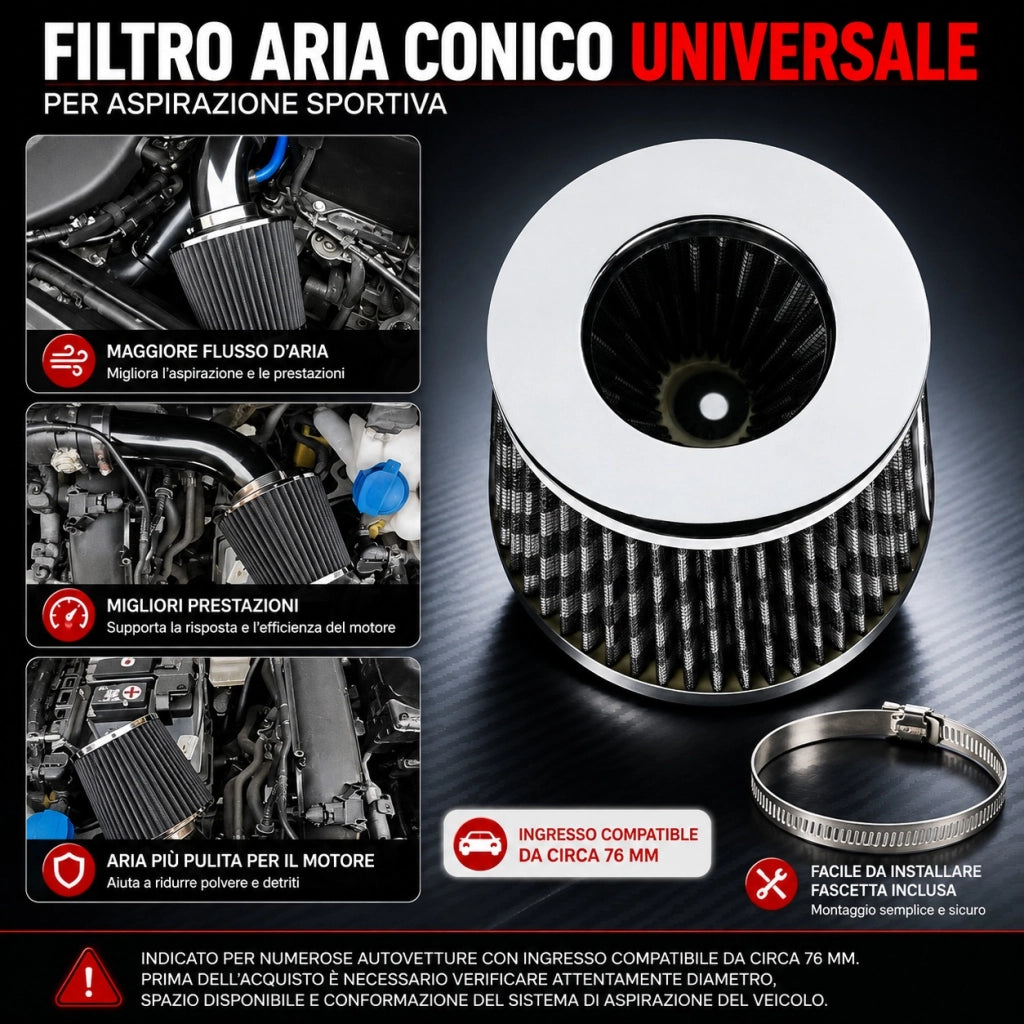 Filtro Aria Conico Auto 76 mm Alto Flusso Universale SY-LQQ0103