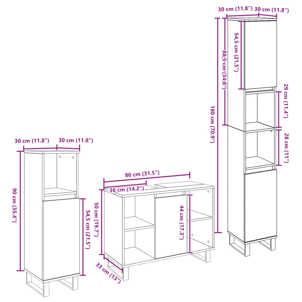 Set di Mobili Bagno 3 Pezzi Legno Vecchio Legno Ingegnerizzato
