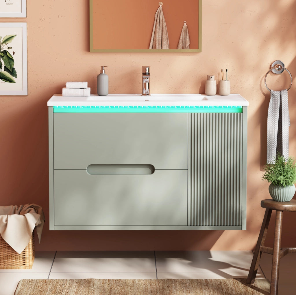 Mobile bagno sospeso 81 cm con lavabo in ceramica, LED e ante verdi