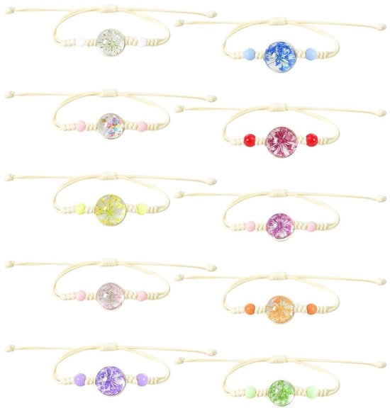 Bracciali fiorali da 10 pezzi - Bracciali amici per bambine - Bracciali regolabili - Bracciali hand-tessuti - Gioielli per bambini - Perle di vetro/CB - Bracciali amici