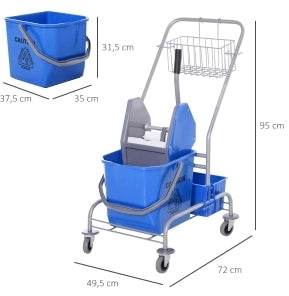 Carrello per pulizia con secchio da 25 L, strizzatore e 4 ruote blu