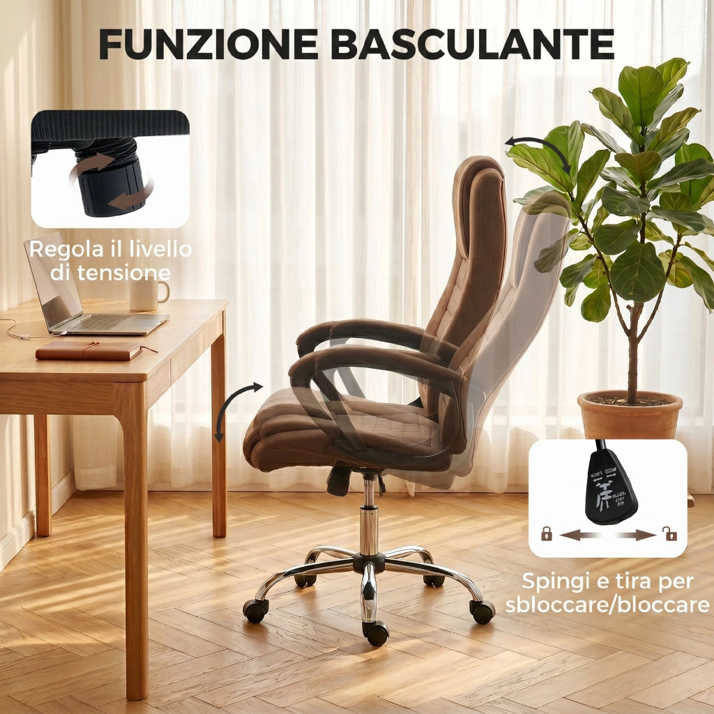 Sedia da Ufficio Ergonomica 62x76x110-119 cm Reclinabile e Girevole con Poggiatesta in Tessuto Effetto Lino Marrone