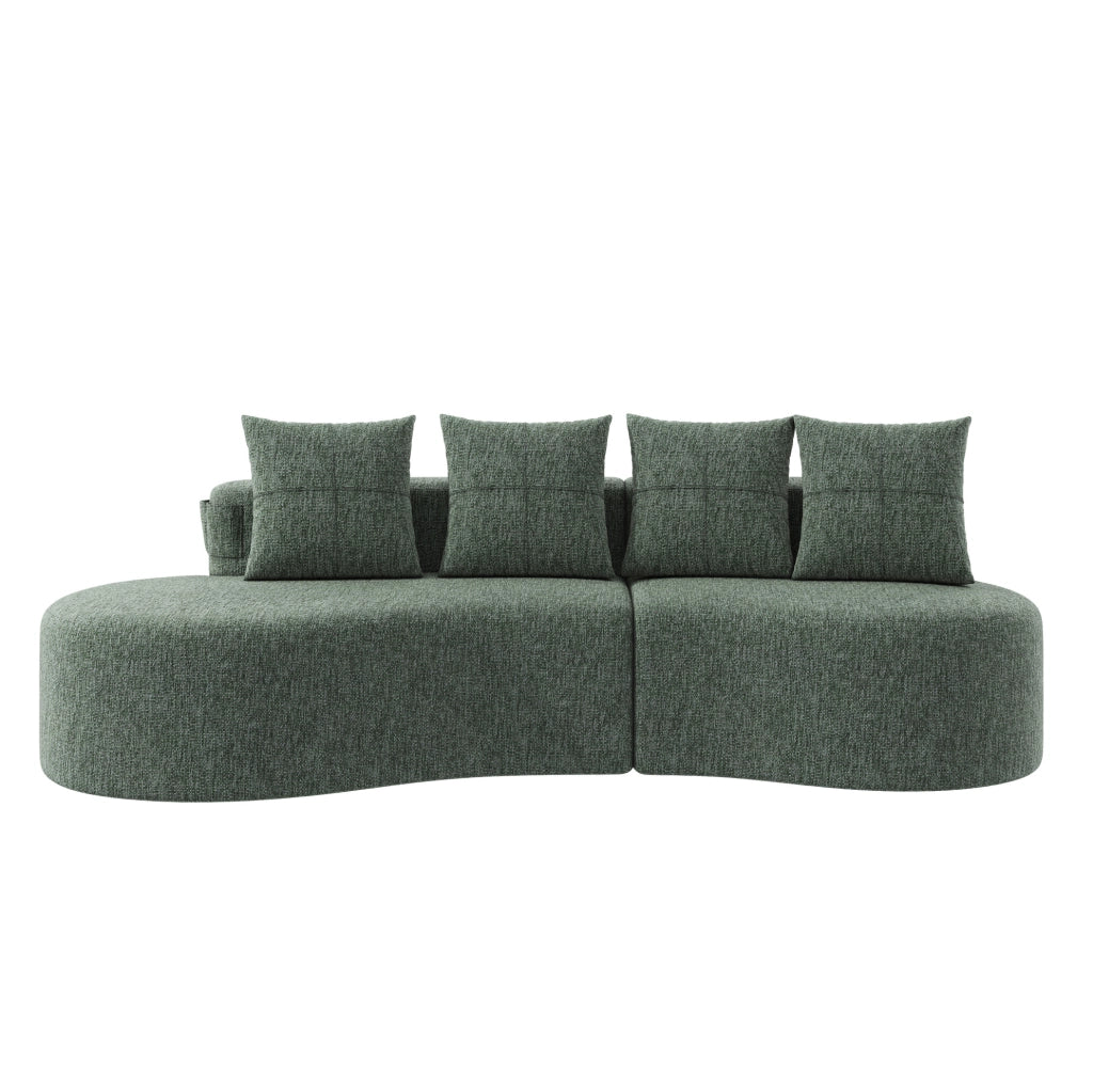 Divano ULEVR 240x109x60 cm in lino verde con 4 cuscini, portabicchieri e tasche laterali