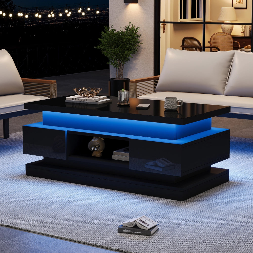 Tavolino da salotto sollevabile nero lucido con luci led; 100x50x40 cm