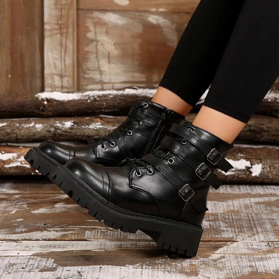 Laarzen da donna - con chiusura laterale - in pelle - stivali da combattimento - stivali da camminata - con piattaforma - in pelle - stivali da lavoro - adatti a - stivali da anziani - stivali da donna con piattaforma in pelle.