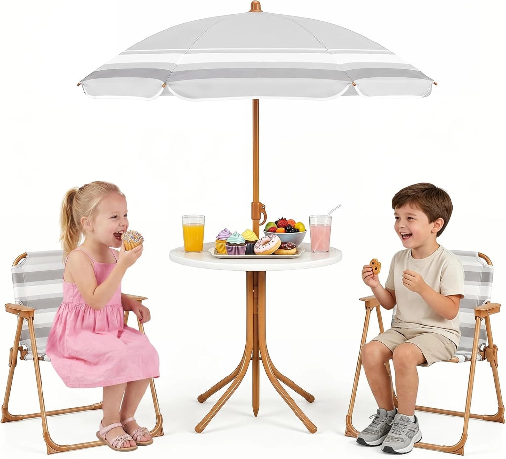 Set Tavolo e Sedie da Giardino per Bambini con Ombrellone (Naturale)
