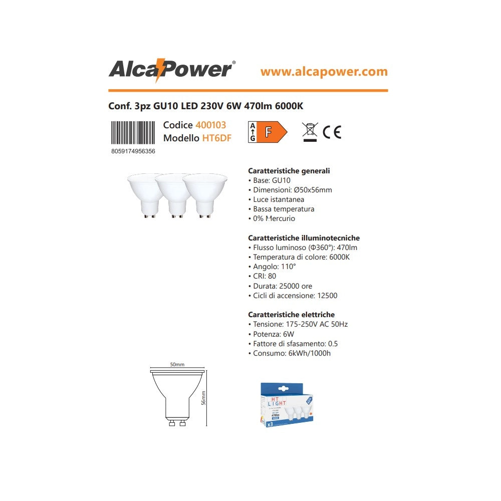 Alca power gu10 6w 175-250v 470lm 6000k lampadina dicroica led box da 3pz