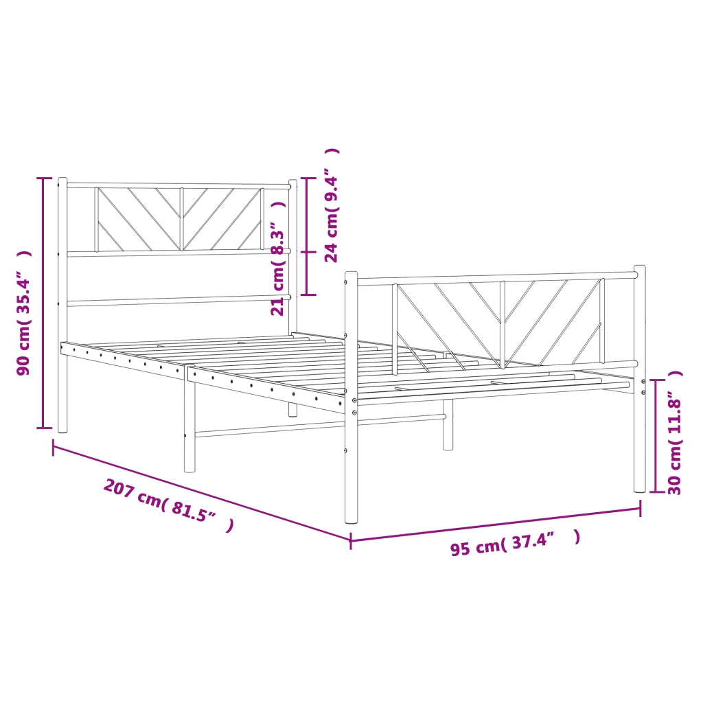 Letto singolo | Letto per adulti | Giroletto con Testiera e Pediera Metallo Nero 90x200 cm
