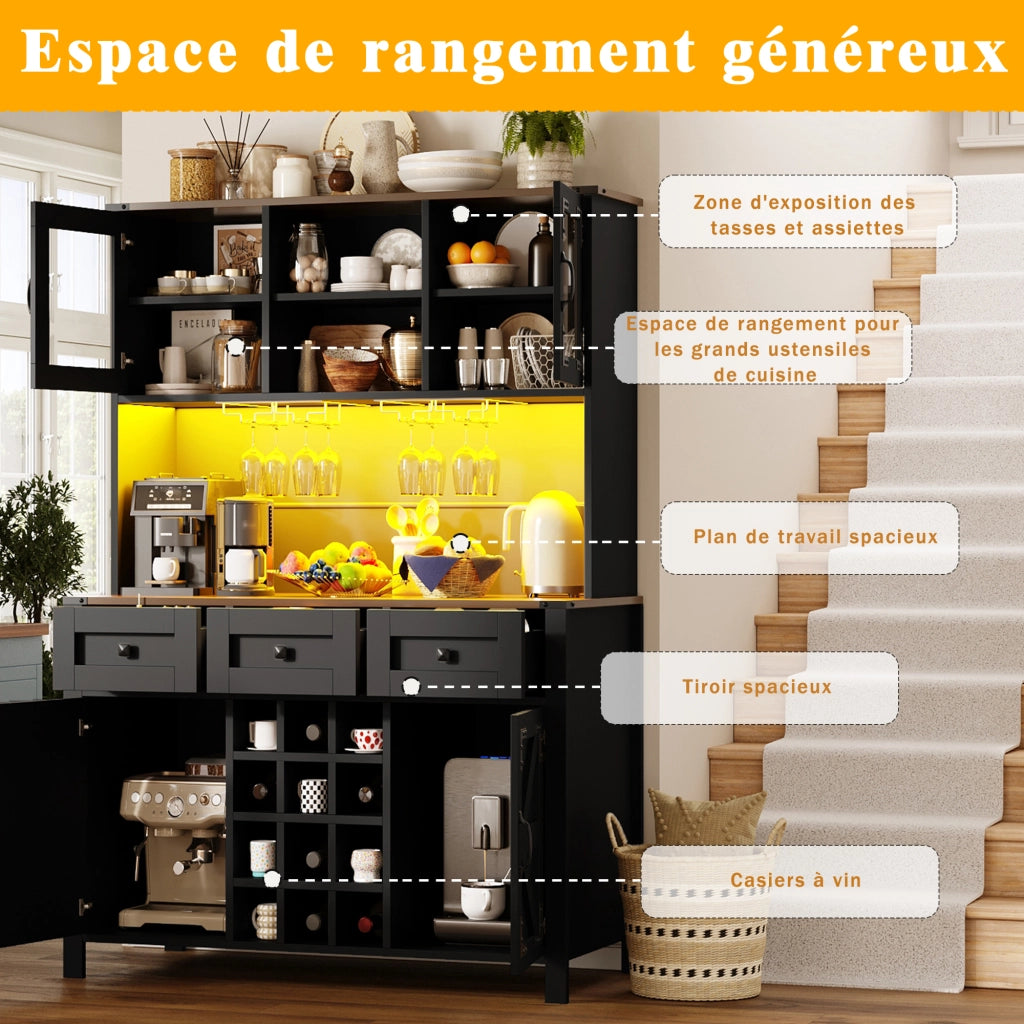 OKWISH Credenza Alta da Cucina con 4 Ante e 3 Cassetti, LED, Prese e Porte USB, per Cucina o Soggiorno, 120×40×170 cm