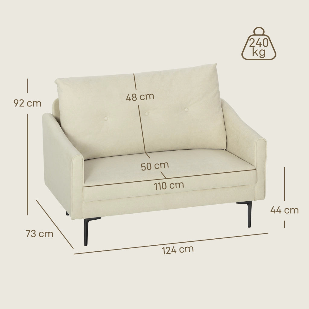 Divano 2 Posti Design Moderno 124x73x92 cm Schienale Trapuntato a Bottoni e Rivestimento in Velluto Crema