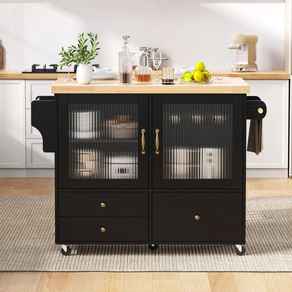 Mobile cucina con ruote e tavolo estraibile - Zephmum - Portabottiglie e spazio di archiviazione, nero