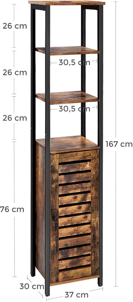 VASAGLE Armadietto Autoportante in Stile Industriale, Scaffale Mobiletto da Bagno, Credenza con 3 Ripiani, Alto e Multifunzionale in Soggiorno, 37 x 30 x 167 cm, Vintage LSC37BX