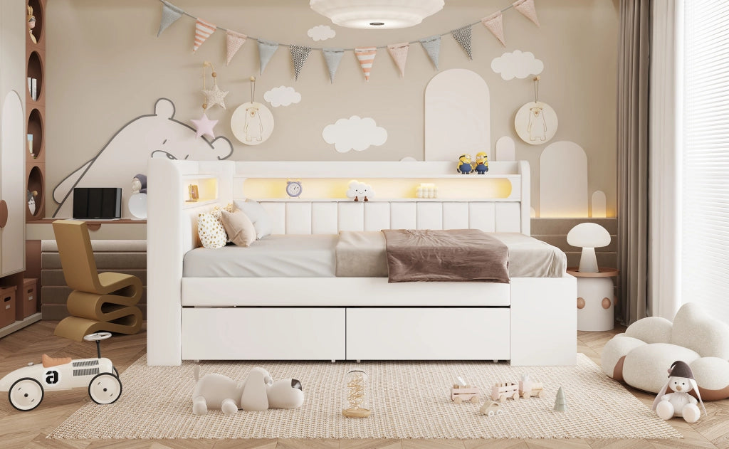 Letto pieghevole imbottito 90x200 cm con LED, USB, due cassetti e scarpiera bianco