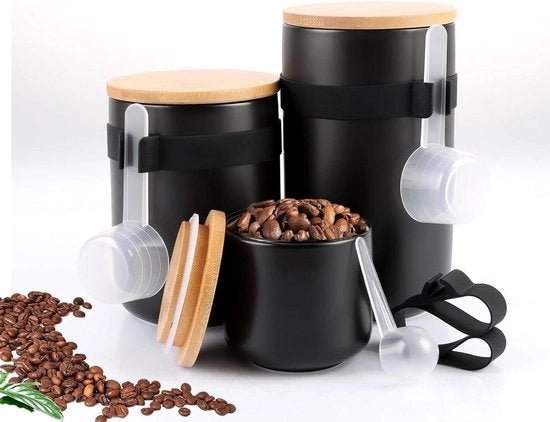 Set di 3 Contenitori di Stoccaggio in Ceramica Nera con Coperture per l'Organizzazione della Cucina