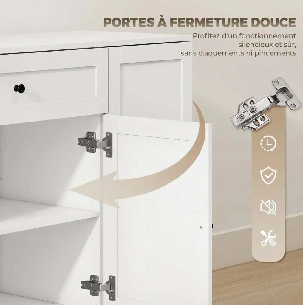 Buffet bianco 140 cm con 4 porte, cassetto ampio e ripiani regolabili