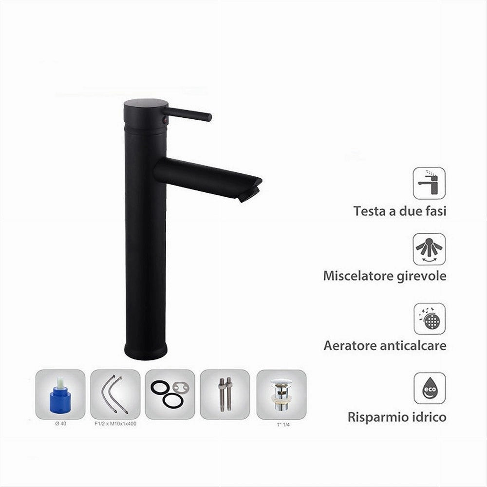 Trade Shop - Rubinetto Bagno Moderno Nero Opaco Miscelatore Orientabile Lavabo Canna Alta 87393 -
