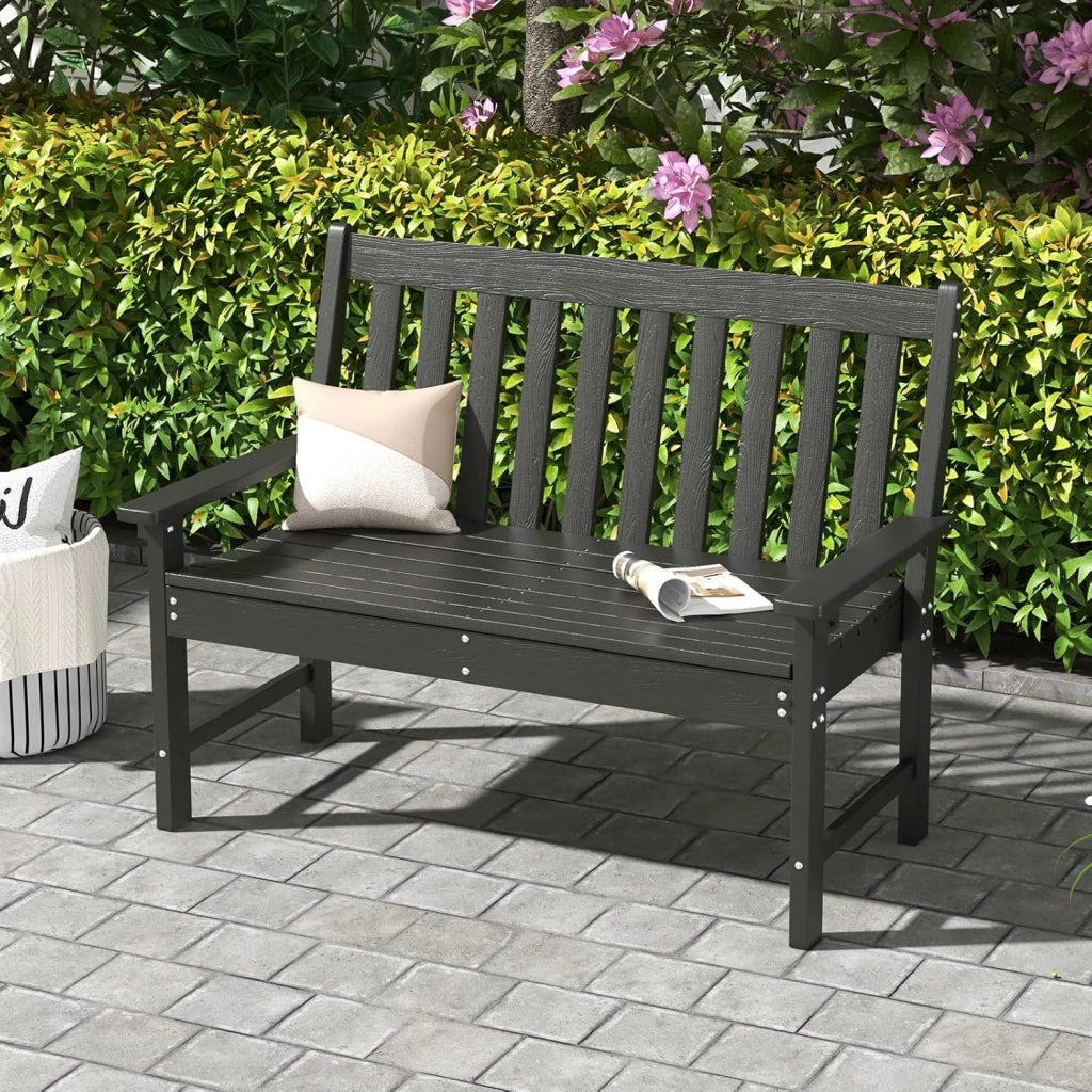 Panca da giardino per 2 persone, panca da parco in plastica con schienale alto, panca da esterno, resistente alle intemperie, per giardino, patio, terrazza, 132 x 65 x 91 cm