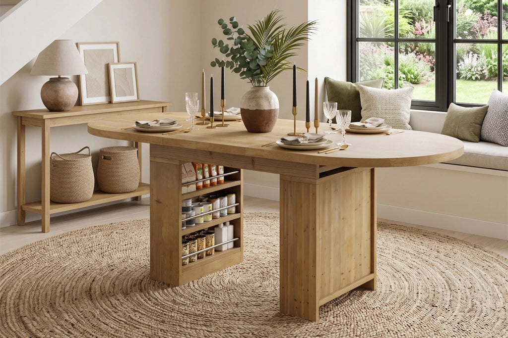 Tavolo allungabile per 6-8 persone con 2 vani aperti e piano spesso, struttura robusta, per sala da pranzo, in MDF, rovere