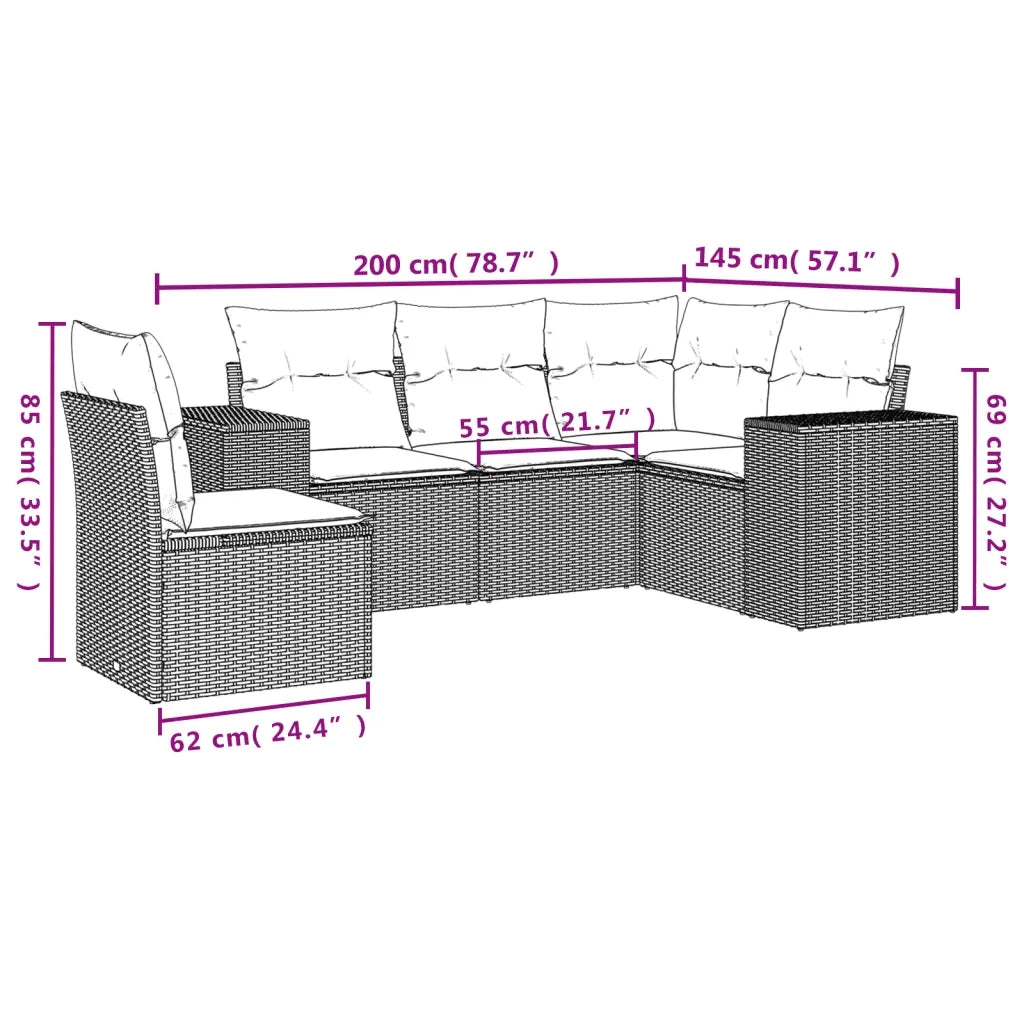 Set Divani da Giardino 5 pz con Cuscini in Polyrattan Nero 3222565