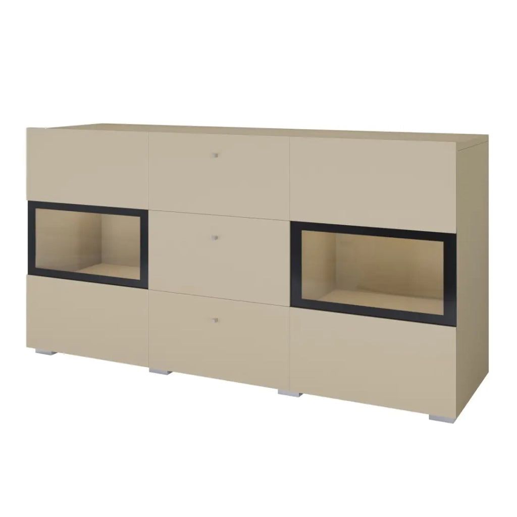 Buffet RAMOS 130 cm – Beige chiaro – LED multicolori integrate – 2 porte in vetro e 3 cassetti