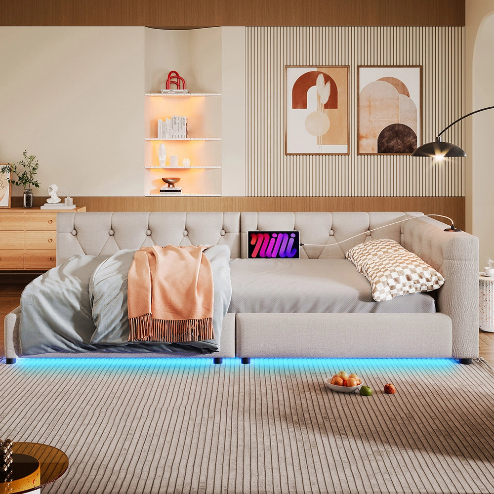 Divano letto daybed - Xylo - 90x200 cm LED USB testiera imbottita beige