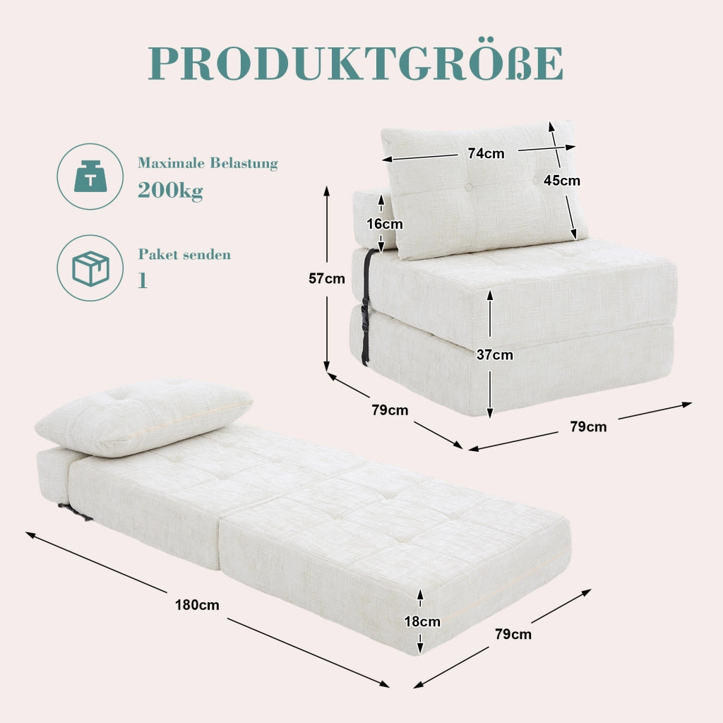 Divano letto pieghevole con schienale, cuscini per testa e zona lombare, in Ciniglia Beige