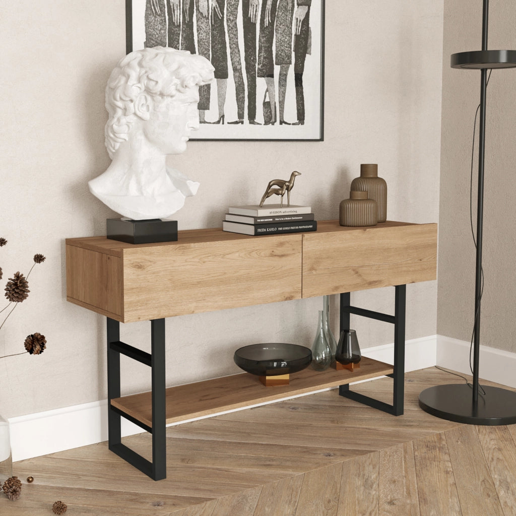Tavolo Consolle Lappeenranta Mobile Contenitore con Ante a Ribalta 76x139x43 cm Effetto Rovere / Nero [en.casa]