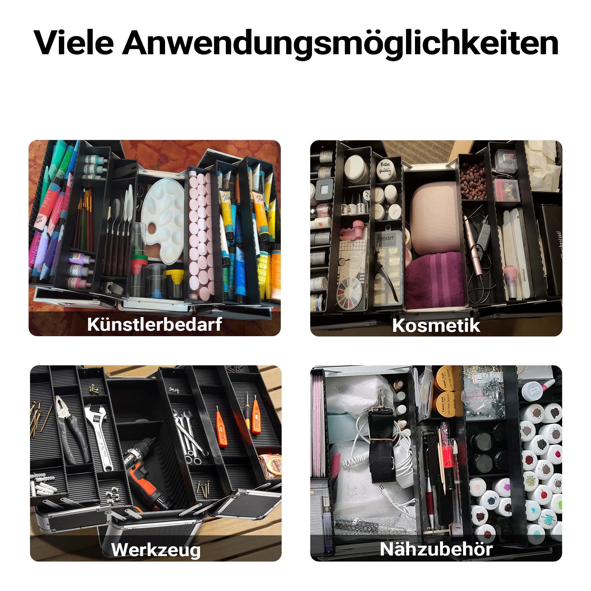 Cassetta attrezzi vuota in alluminio con 2 chiavi, valigetta universale per attrezzi 45 x 32 x 22,5 cm, hobby, lavoro, cassetta portautensili con separatori,