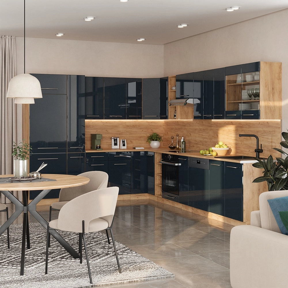 Cucina angolare completa Fame-Line Blu scuro lucido/Rovere dorato 347 x 257 cm, PL Antracite Vicco