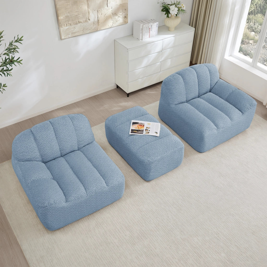 Divano angolare modulare senza struttura con ottomano e seduta ampia in pile granulato blu 210 × 165 × 79 cm