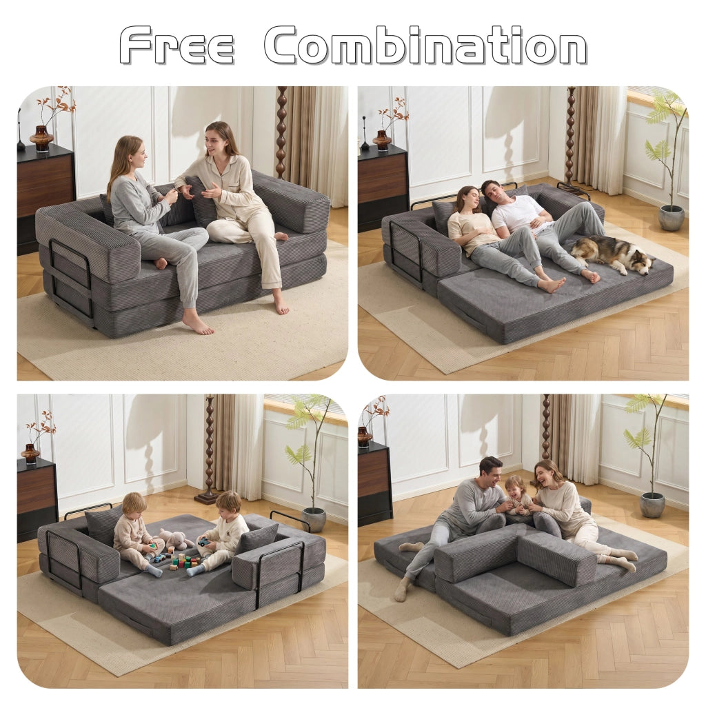 Divano letto pieghevole a pavimento con braccioli e schienale in velluto a coste grigio scuro 185 × 92,5 × 60 cm