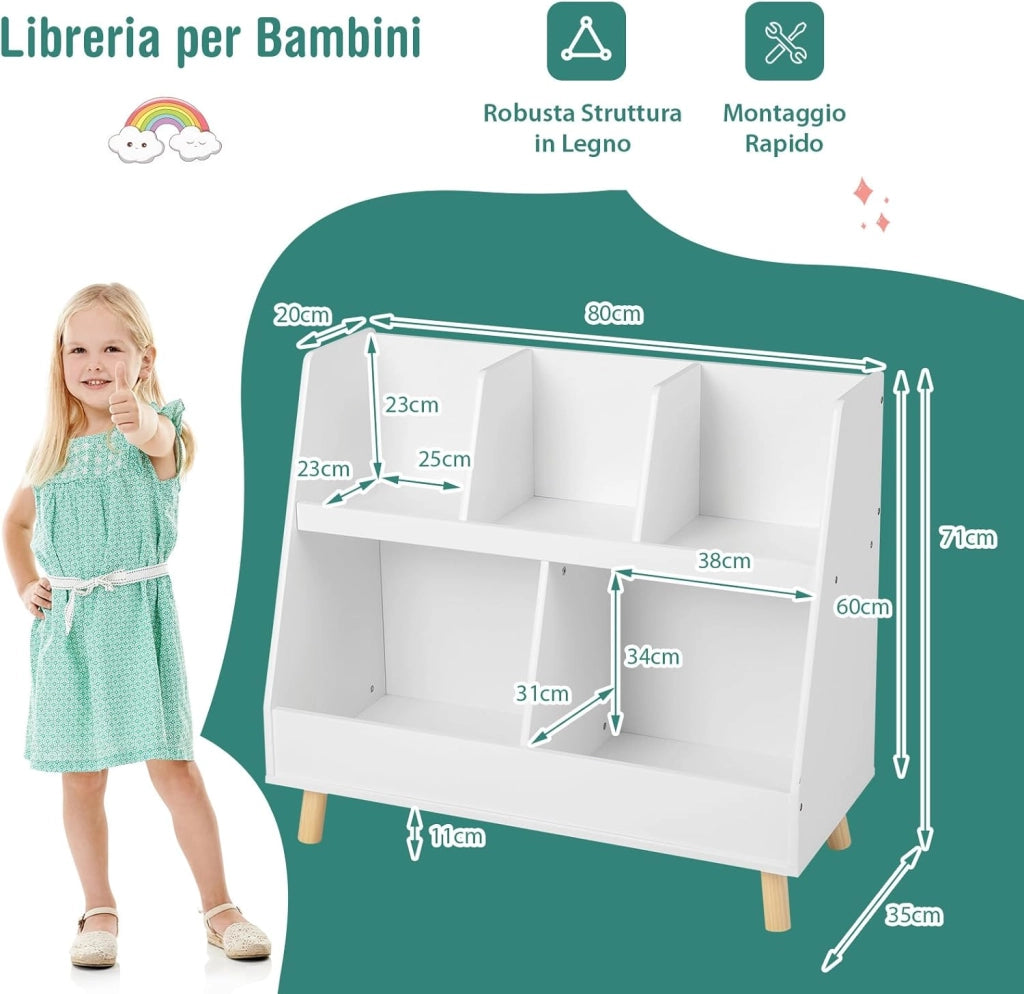 Libreria per Bambini a 5 Cubi, Scaffale Portagiochi a 2 Livelli con Gambe in Legno e Kit Antiribaltamento, per Stanza dei Giochi Camera da Letto, 80x35x71 cm