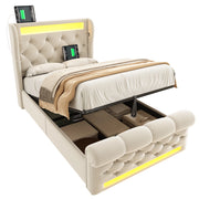 Letto imbottito singolo 90×200 cm con LED; contenitore; USB e Type-C; materasso incluso; velluto; beige