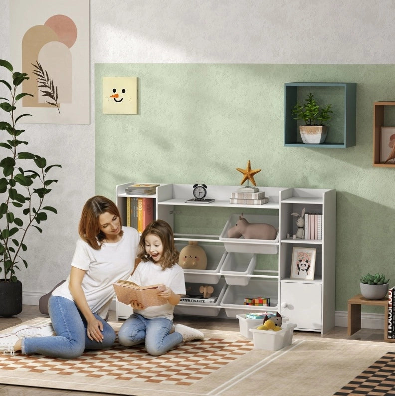 Libreria Montessori ULEVR 140x30x90 cm con contenitori estraibili e adesivi DIY, bianca