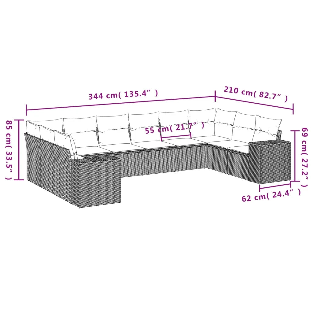 Set Divano da Giardino 10 pz con Cuscini Grigio in Polyrattan