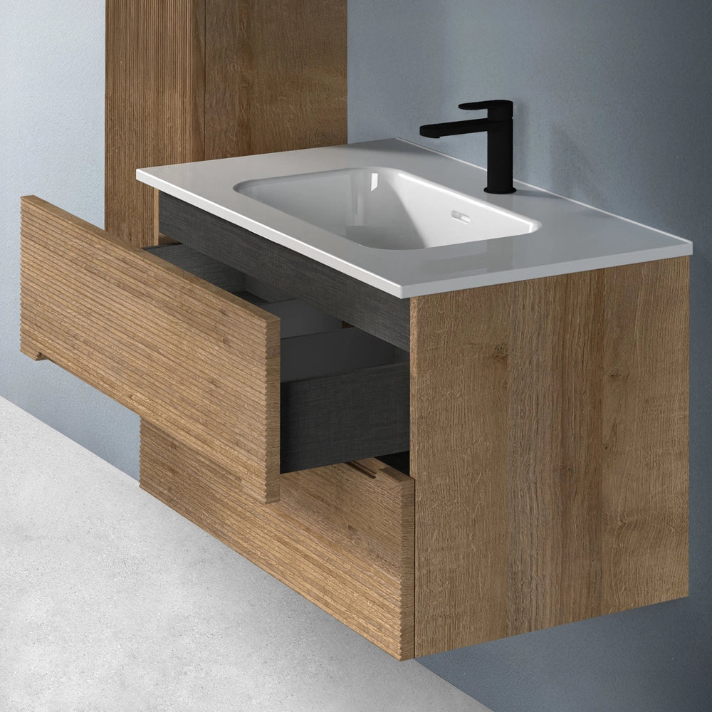 Mobile bagno sospeso 100 rovere cannettato 2 cassetti lavabo e specchio Rigo