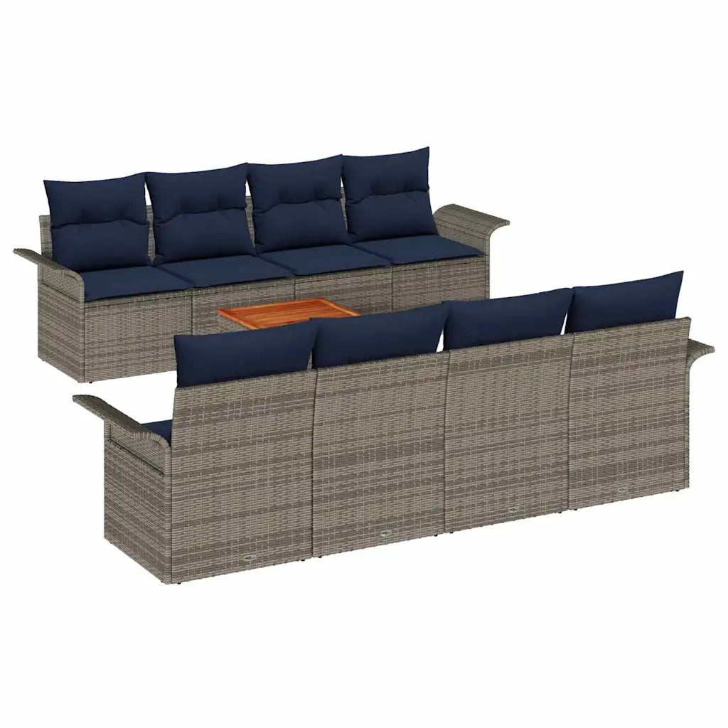 Set Divano da Giardino 9 pcs Grigio e Blu Navy polyrattan
