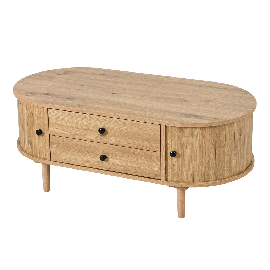 Tavolino da Salotto Ovale con 2 Cassetti e Ante Scorrevoli in MDF ¨C MINIMAL