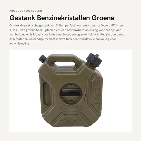 Serbatoio di carburante 3 litri - Adatto per auto e motocicli - Avventura fuoristrada - Materiale ABS - Colore verde - Serbatoio di carburante