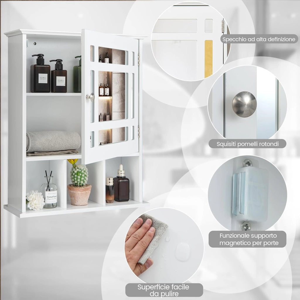 Mobiletto Bagno con Specchio in Legno, Armadio Farmacia da Muro, Armadietto da Parete per Bagno, 50 x 16 x 61 cm (Bianco)
