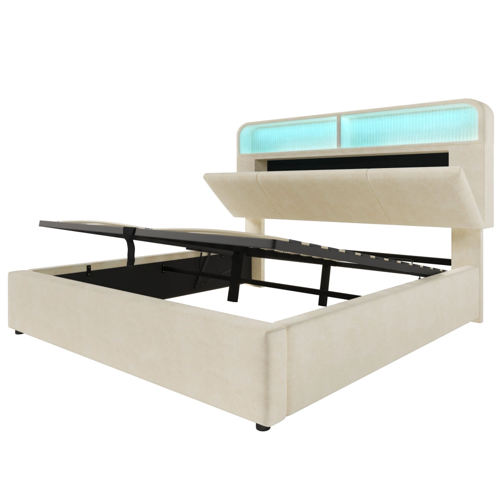 Letto matrimoniale 180x200 cm in velluto beige con testiera regolabile, LED, USB/Type-C e contenitore